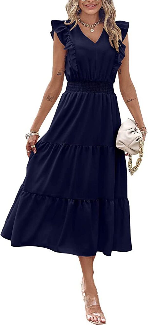 Women's Navy V-Neck Ruffle-Sleeve Tiered Maxi Dress